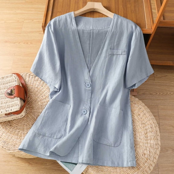 Craaazy Short Sleeve Tops for Women Plus Size Solid Color Button Down V Neck Casual Blazer Cardigans with Front Pockets
