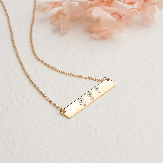 Personalized Birth Flower Family Bar Necklace for Her - Combined Birth Flower Necklace - Poppy Necklace with Back Engravable Name - Bithday gift for Mom