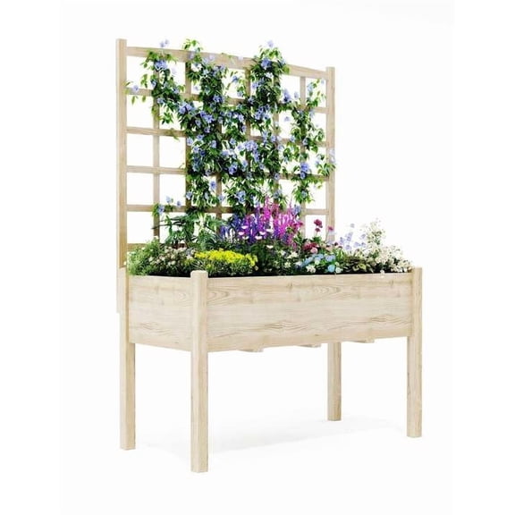 Raised Garden Bed with Trellis, Elevated Wooden Planter Box with Stand & Liner, Outdoor Planter for Climbing Plants Flowers Vegetables Herbs, Patio Garden Bed for Balcony Backyard Porch