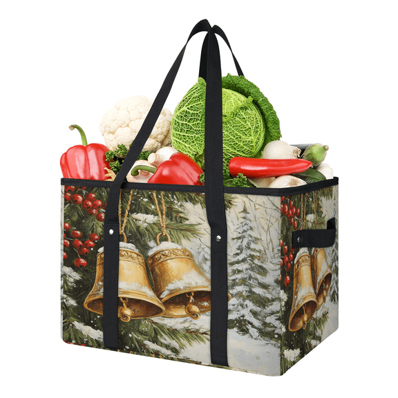 ADECORIVY Winter Bells Reusable Grocery Bags, Foldable Reusable Shopping Bags, Snow Holly Vintage Collapsible Tote Bag with Reinforced Handles for Kitchen, Picnic