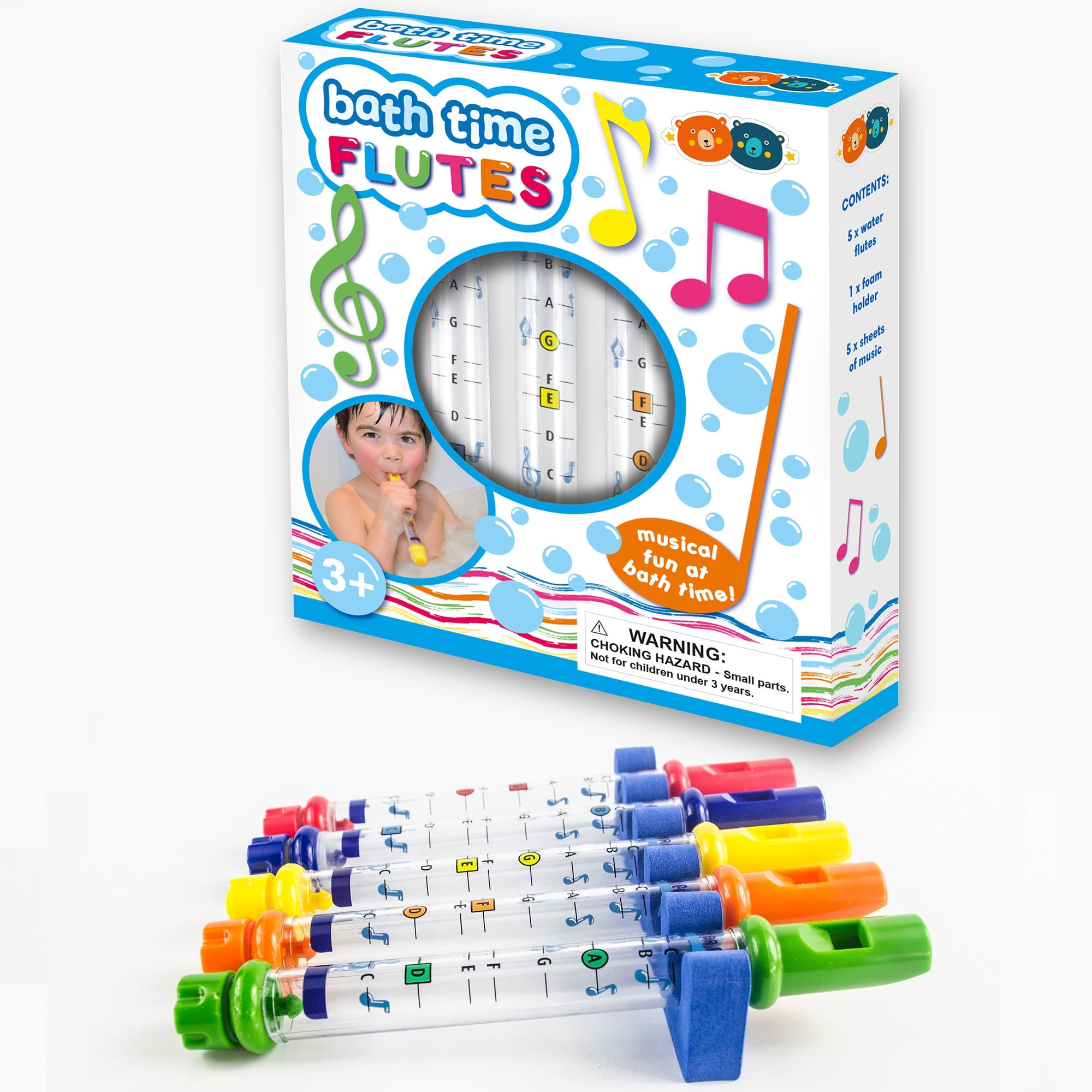 Buddy & Barney: Bath Time Water Flutes - 5 Colorful Toy Musical Instruments, Nursery Rhyme Music Sheets & Foam Holder, Floating Water-Tub Play, Kid 3+