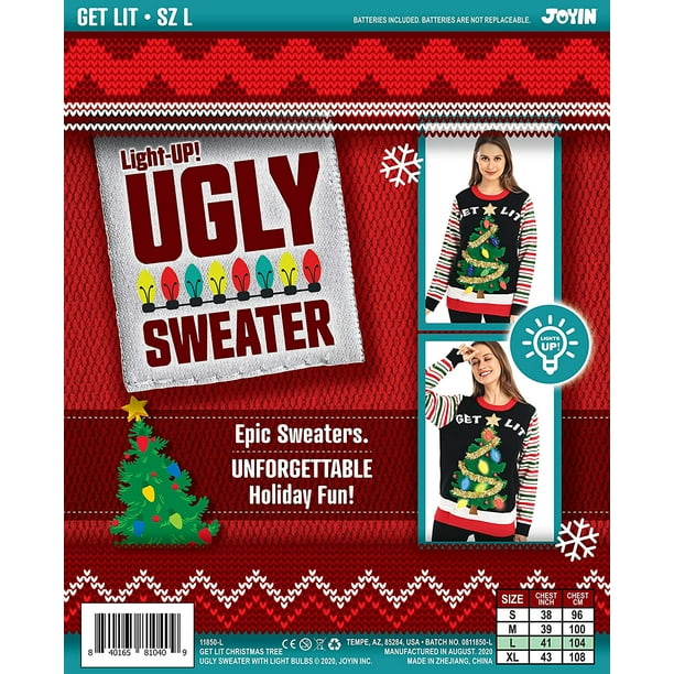Womens LED Light Up Get Lit Christmas Tree Ugly Christmas Sweater BuiltKSCD  in Light Bulbs Black Small 
