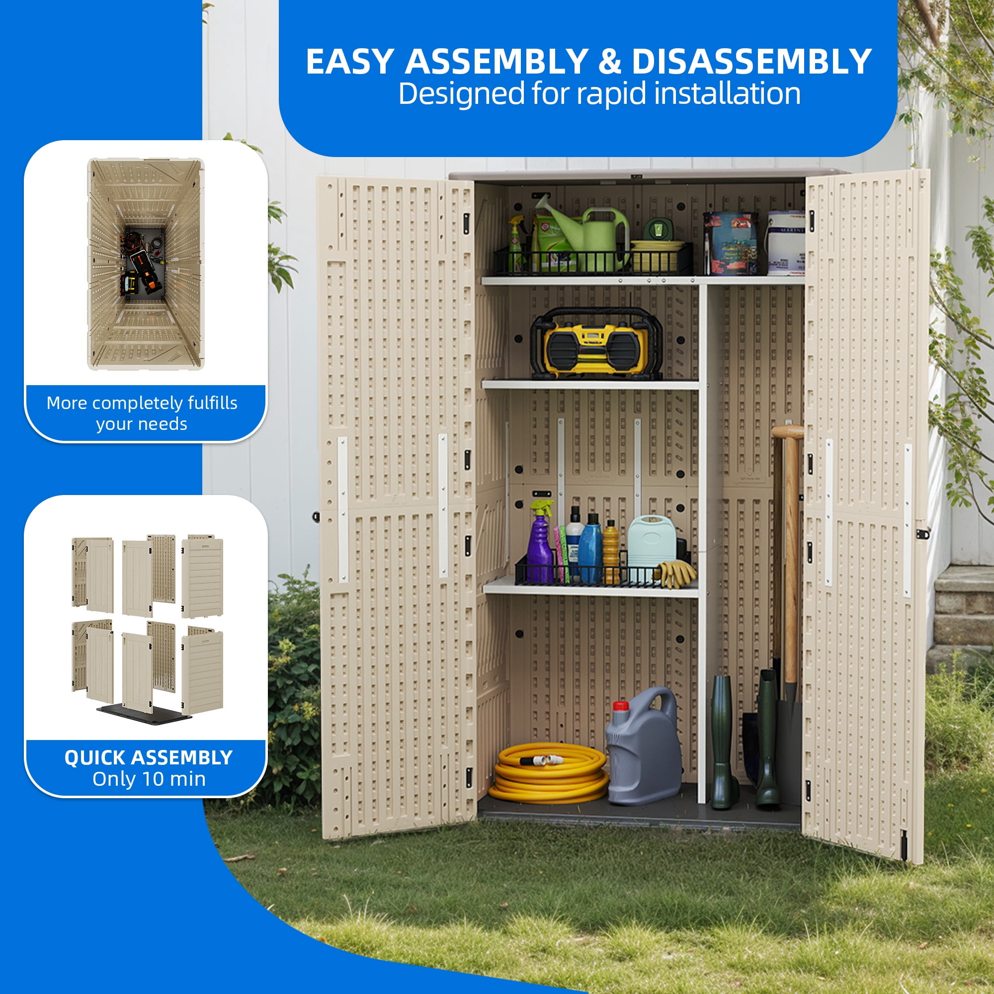 Dextrus Vertical Resin Outdoor Storage, 50 cubic feet without Shelving for Garden Garage Poolside, Locking Capability, Khaki