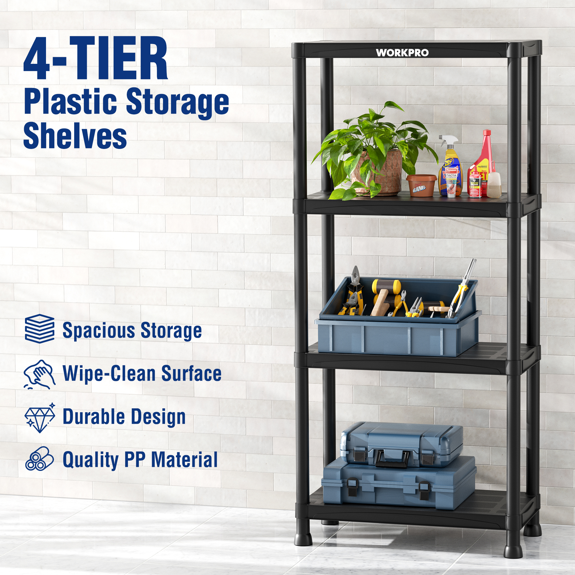 WorkPro 4-Tier Plastic Storage Shelf, Black photo 2