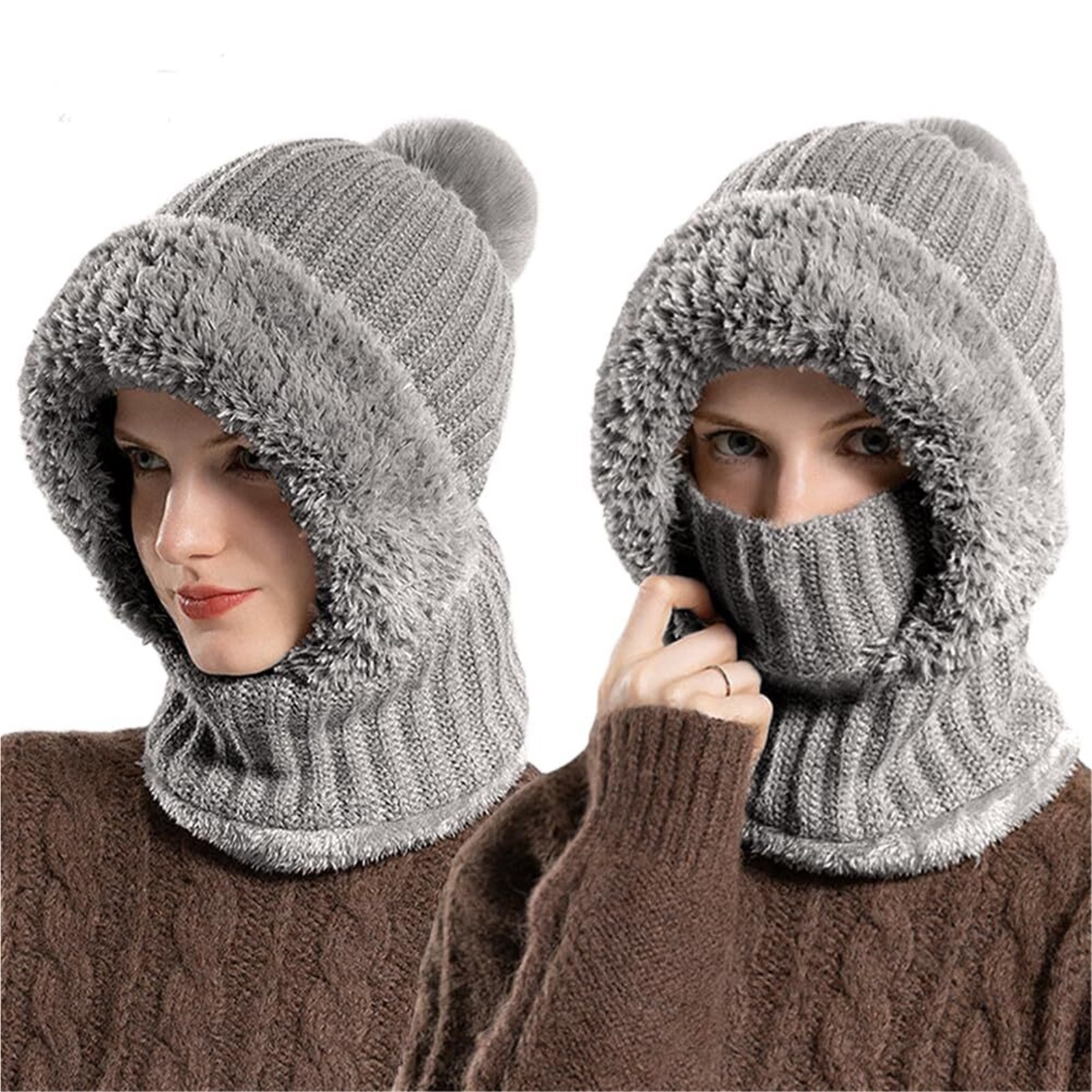 3 in 1 Beanie Hat for Women, Winter Warm Knitted Balaclava Scarf with Face Cover, Windproof Fleece Lined Ski Snow Hat