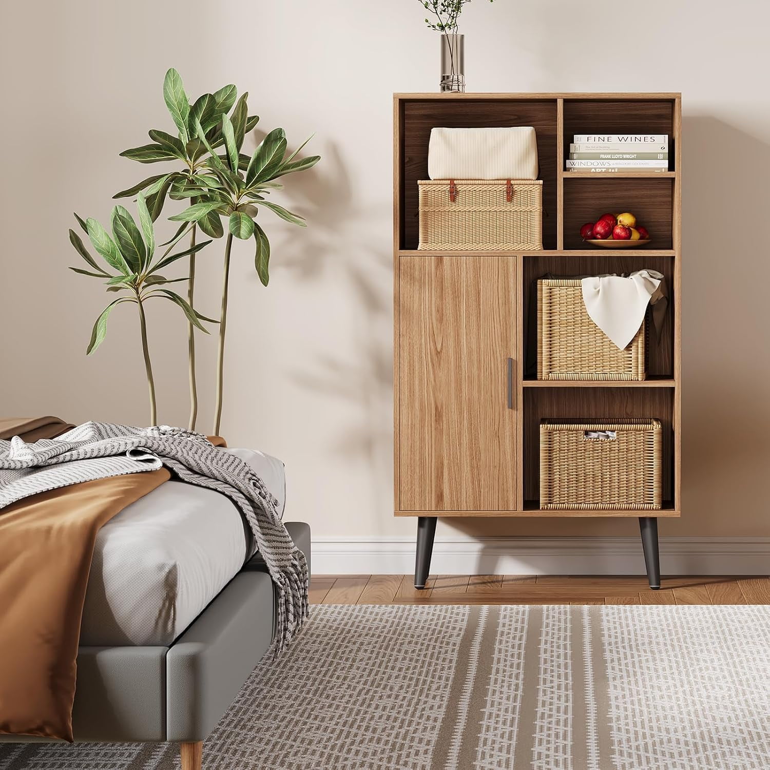 4 Tier Mid-Century Small Bookcase with Legs, Freestanding Wood Short Bookshelf with Door, Multi-Functional Walnut Cube Storage Organizer for Living Room, Bedroom, Home Office