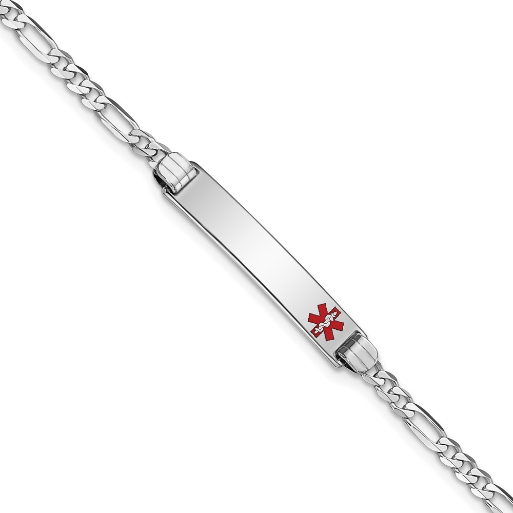 Auriga Fine Jewelry 14K White Gold Red Enamel Figaro Link Id Bracelet 7 inch for Women(L- 7inch, W- 5.5mm)