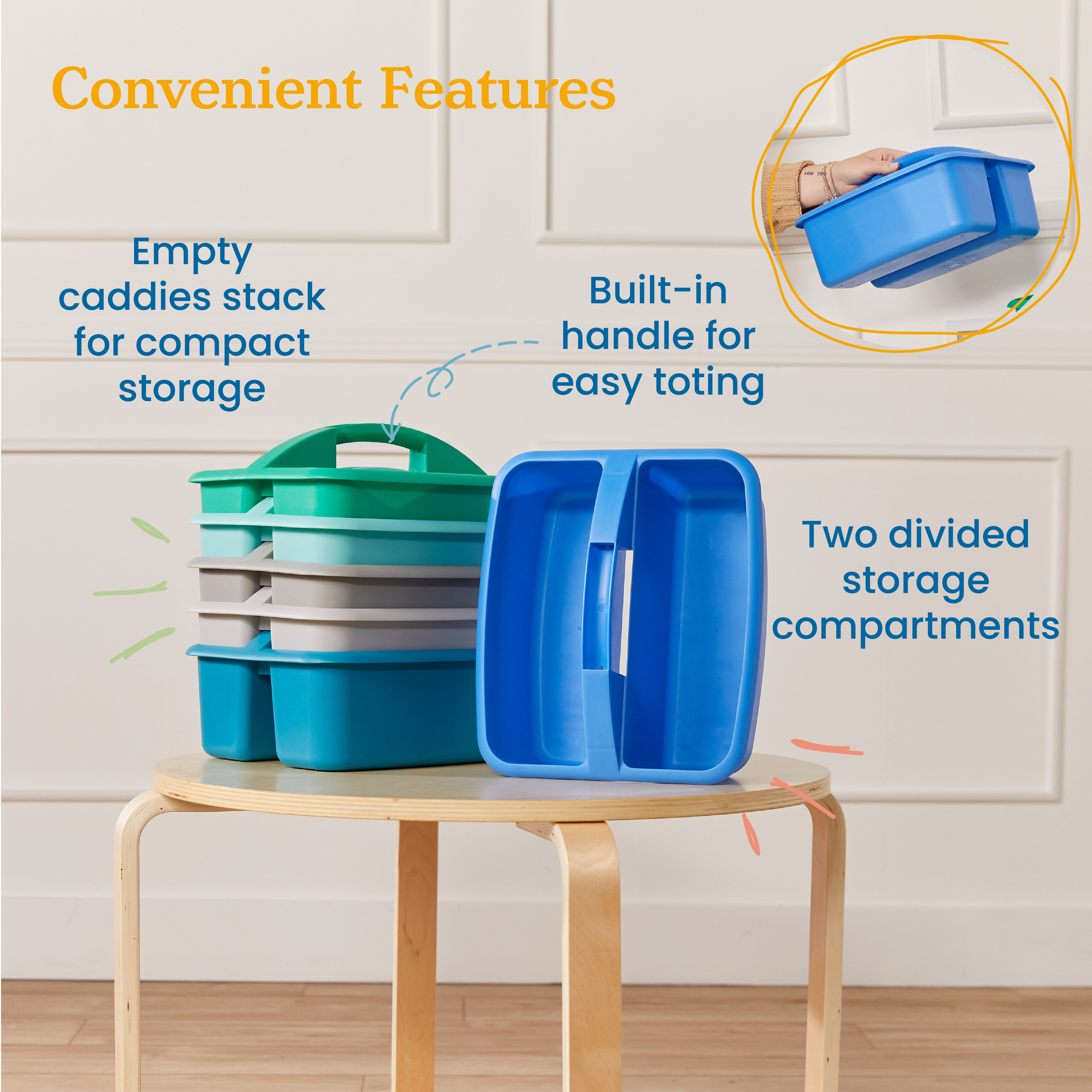 ECR4Kids 2-Compartment Large Plastic Caddy, Multipurpose Organization, Contemporary, 6-Pack