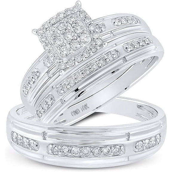 beryl_creation Unisex 3.60 Ct Round Cut White Diamond Wedding Engagement Band Cluster Trio Ring Set 925 Sterling Silver 14K White Gold Plated -9