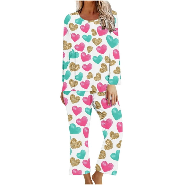 TIMIFIS Ensembles de Pyjama pour Femmes 2 Pcs - Pyjamas de la Saint-Valentin pour Femmes - Ensembles de Pyjamas pour Dames Manches Longues Col Rond Haut et Pantalon Ensembles de Détente