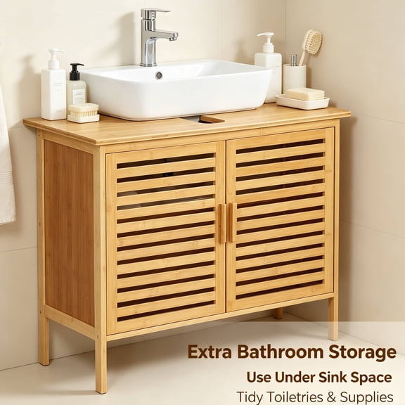 Bamboo Bathroom Storage Cabinet, 2Door Storage Organizer with Shelves, Freestanding Floor Cabinet for Living Room Entryway Kitchen Dining Room, Natural
