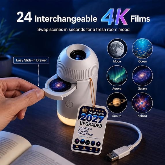 2027 New Hd Smart Dynamic 5d Holographic Night Light Projector, Plug and Play Hd Star Projector, 360° Adjustable Galaxy and Ocean Projectors for Bedroom Ceiling (12 Projection Films)