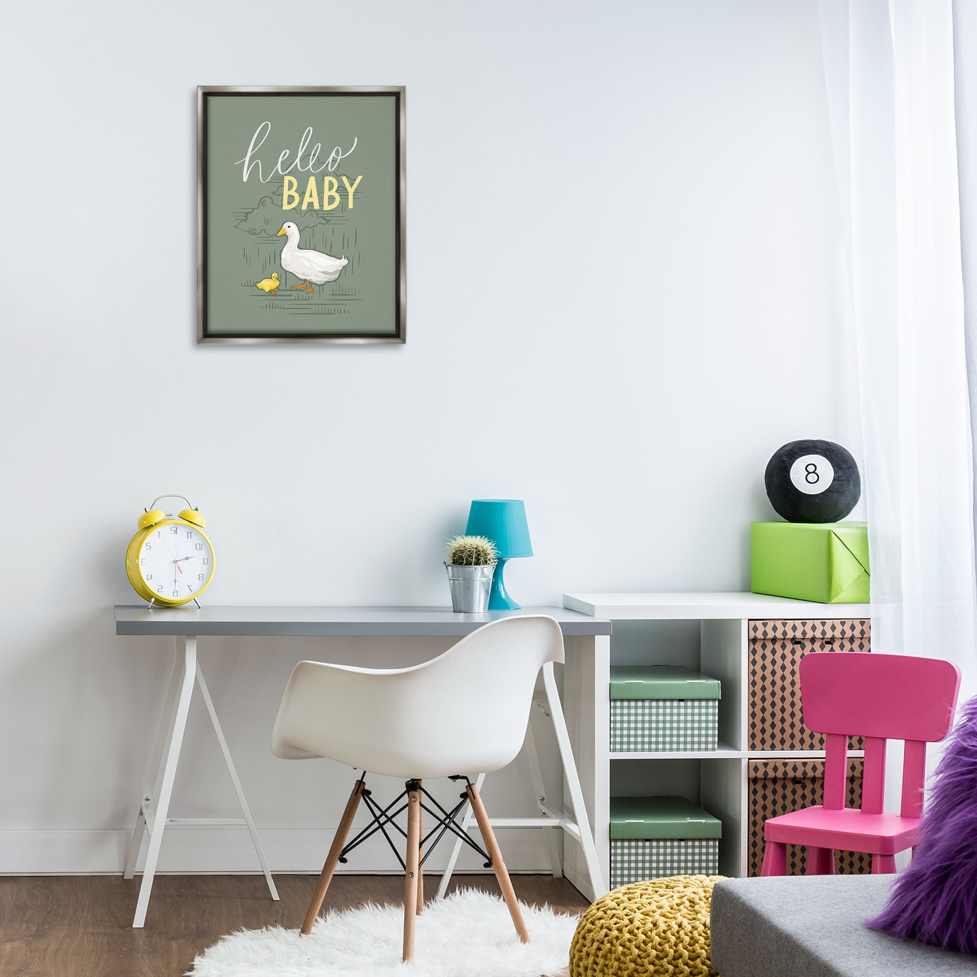 Stupell Industries Hello Baby Duck & Duckling Animals Painting Gray Floater Framed Canvas Art Print Wall Art, 17 x 21
