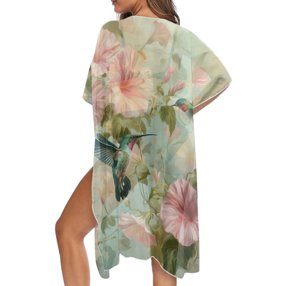 SCRAWLGOD Hummingbird Floral Print Swimsuit Cover Up for Women Long Loose Swimsuit Coverup Soft Lightweight Bathing Suit Cover Up for Summer Beach