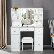 Yamissi Makeup Vanity with Cushioned Stool Vanity Set with Mirror and Lights for Bedroom Small Dresser, White