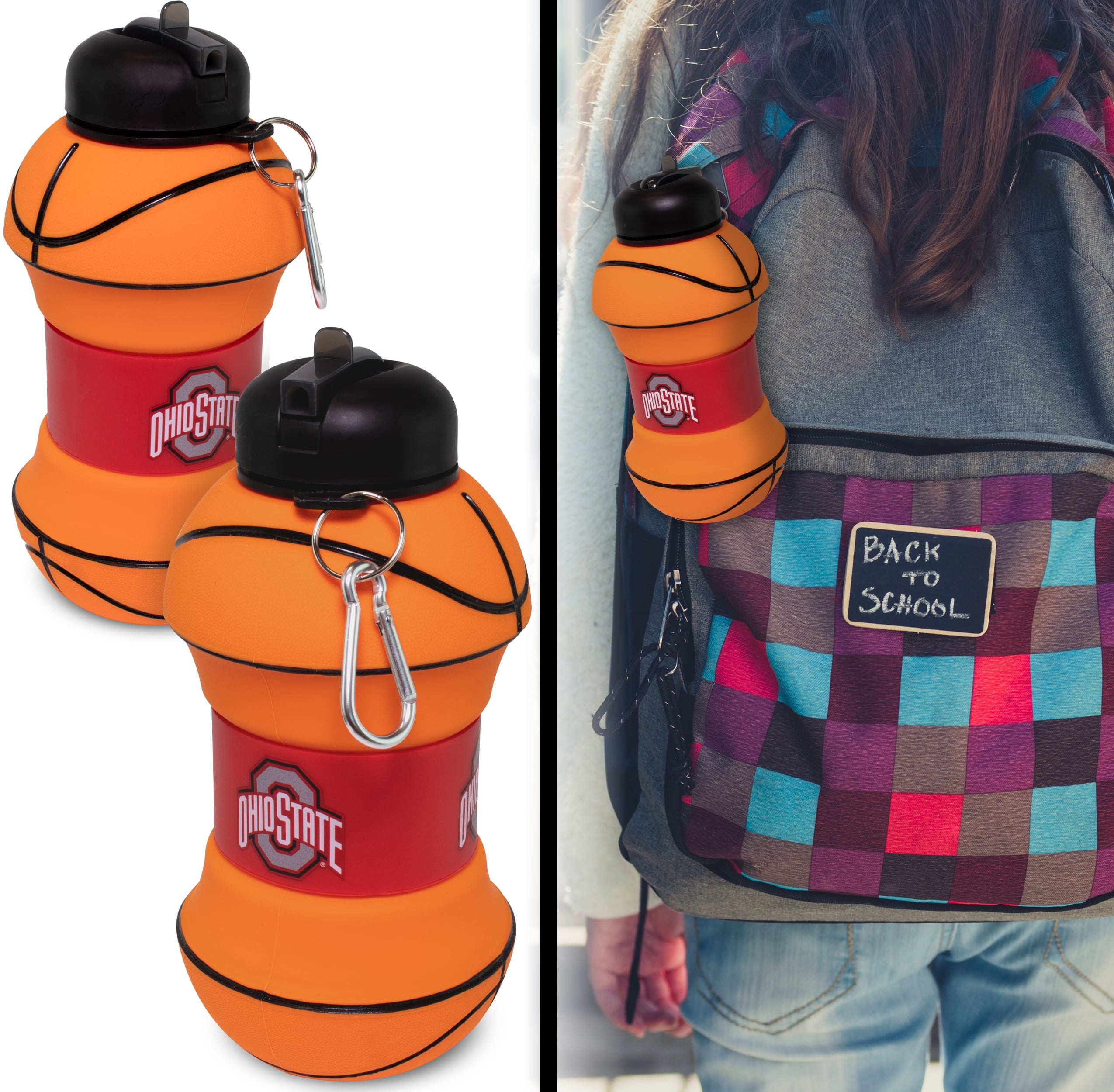 MACCABI ART Ohio State Clip-On Collapsible 1 Liter, 34 oz. size BPA-Free Silicone Basketball Large Water Bottle for Kids