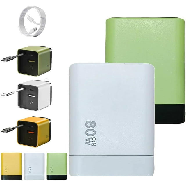 Chargeur GaN 3 en 1, Module de Charge Rapide Max 80 W Extensible avec Câble Type‐C et 2 Ports USB, Chargeurs de Téléphone Rétractables Prise Murale, Charge Rapide à Trois Ports, pour Téléphone et Ordinateurs Portables (Blanc+vert)