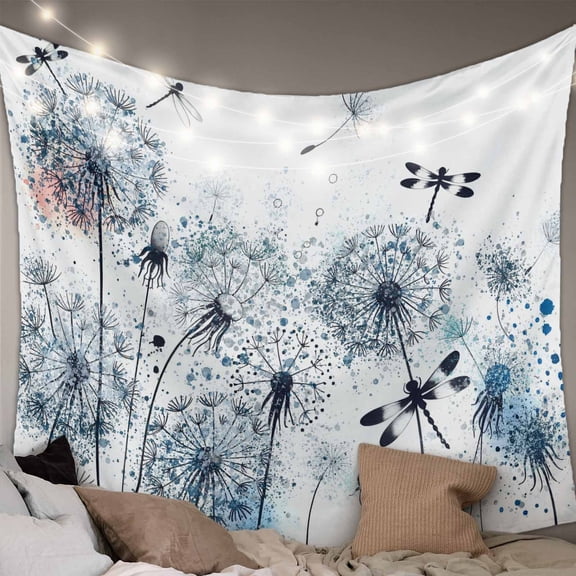 Blue Teal Dandelion Tapestry for Bedroom Wall Hanging Tapestry, Dragonfly Modern Art Watercolor Ceiling Backdrop Tapestries Poster Blanket Wall Decor for Teens Room Living Room Dorm 39" x 59"