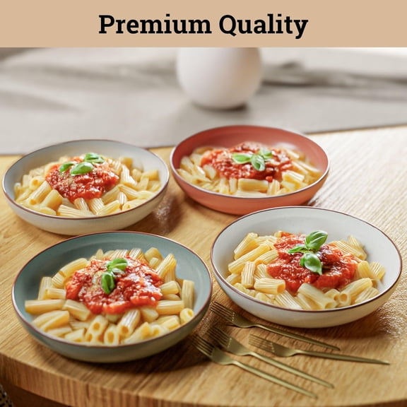 Pasta Bowls Set of 4 - Large 30 oz Ceramic Plates - Oven, Microwave & Dishwasher Safe - Stylish Deep Bowls with Lid Edge