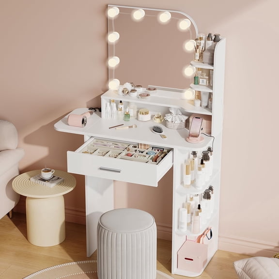 Vanity Desk with Mirror and Lights, Akaber 34.25” Small Makeup Vanity with Power Outlet, White Vanity