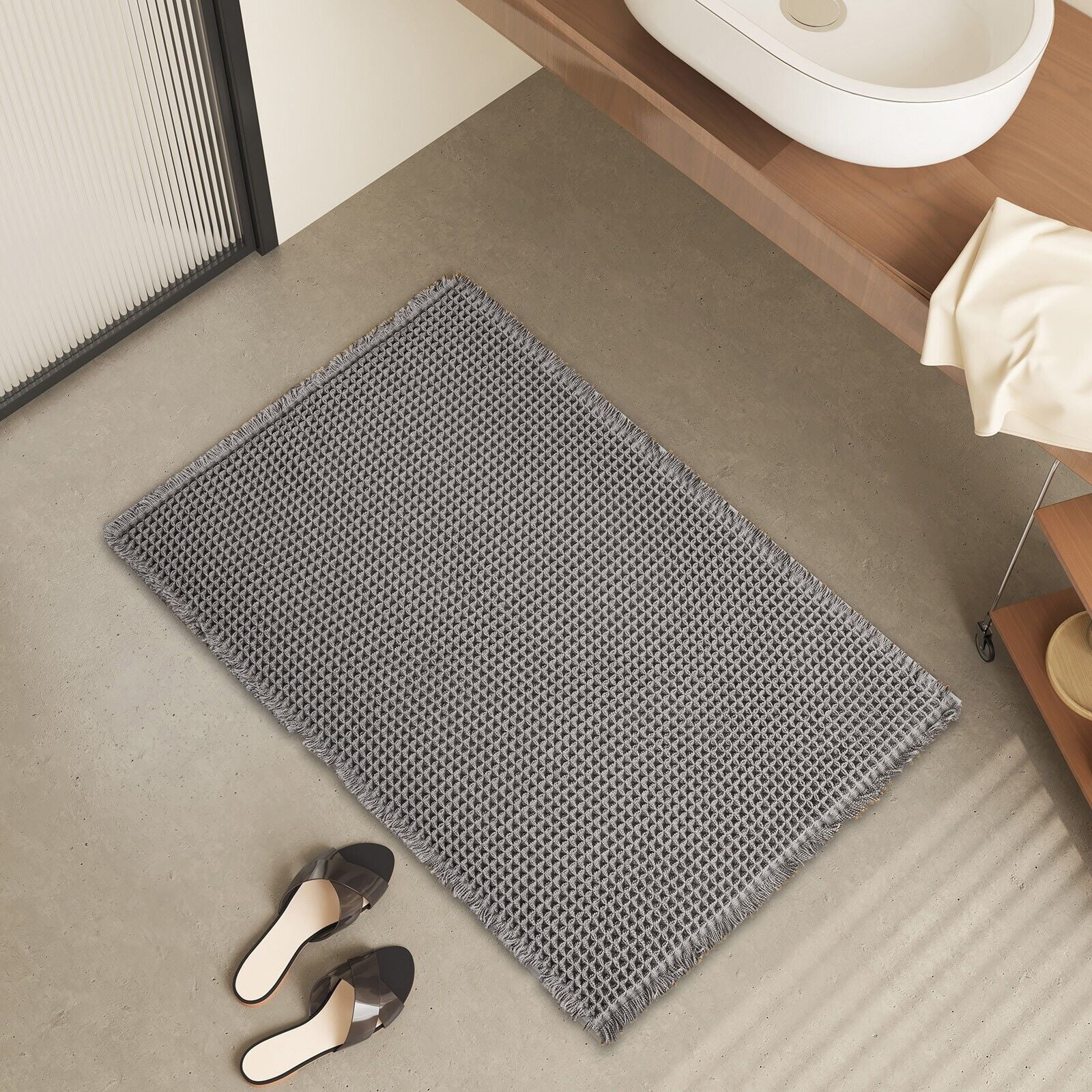 TOPCHANCES Non Slip Bath Mat, Waffle Woven Bathroom Mat, Super Absorbent Shower Mat Bathtub Mat, Front Door Mat with Tassels (23*35 in, Grey)