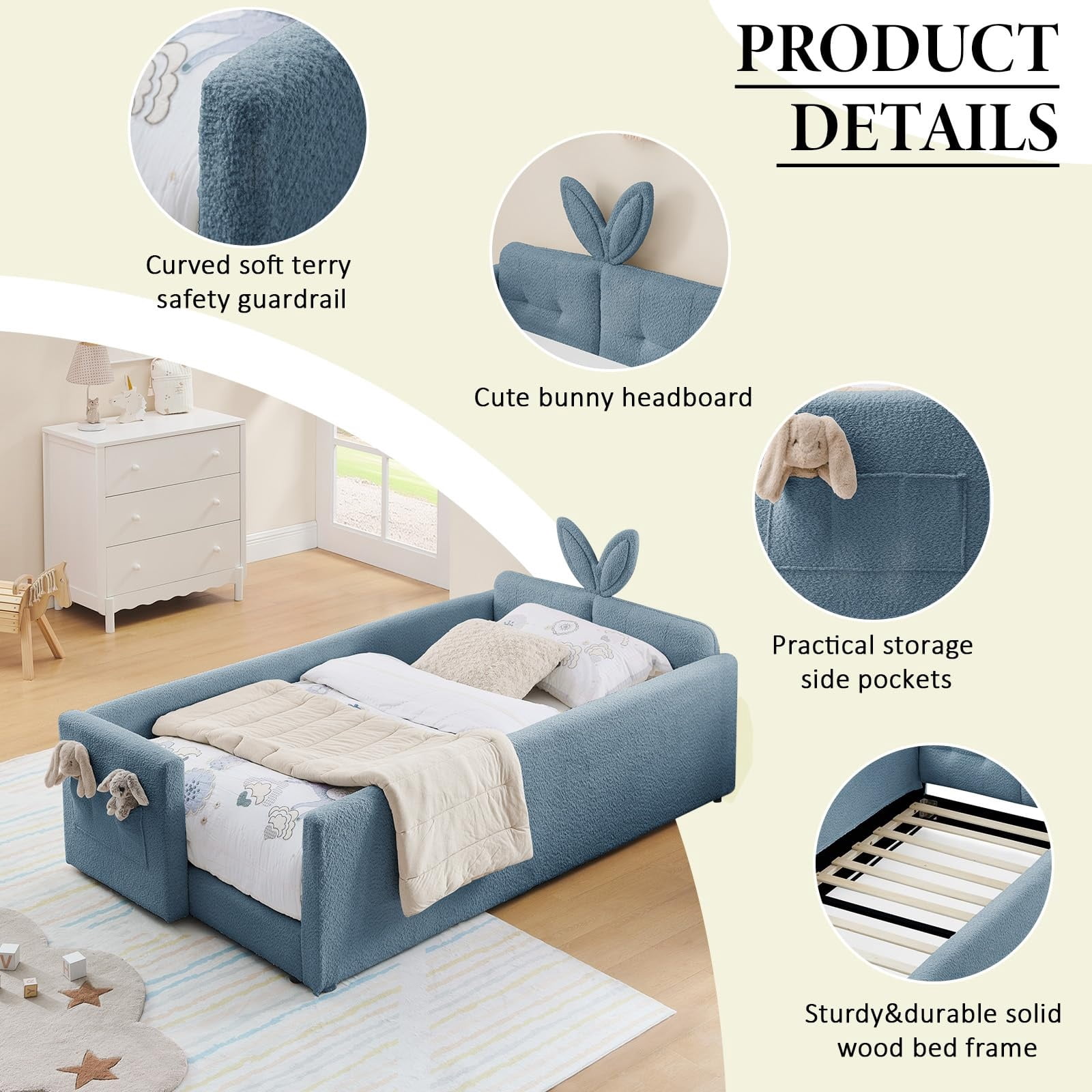 Deiokin Twin Size Bunny Ear Platform Bed Frame, Upholstered Boucle Fabric Bed Frame with Safety Rail & Storage Pocket