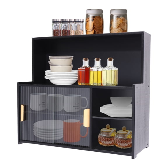3 Tiers Countertop Kitchen Pantry, Small Bamboo Sideboard with 2 Sliding Glass Doors Standing Dining Cupboard Storage Cabinet for Cup Spice Seasoning Bottle