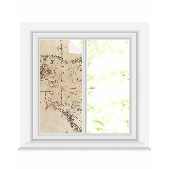 Window Privacy Film Retro Map Stained Glass Window Film Decorative Sun Block Window Cover Middle Century Mountain Landscape Vintage Art Window Clings Static Adhesive Sticker for Bathroom 19.6"x39.3"