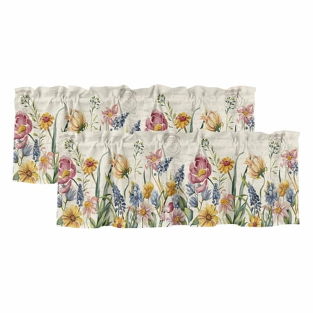 Colorful Flowers Valances for Windows Light Filtering Kitchen Curtain Valances 2 Panels Spring Botanical Wild Florals Herbs Rod Pocket Short Window Treatments for Living Room Bedroom 42 Wx12 L