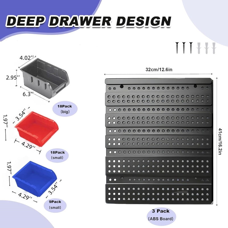 45 Pcs Wall Mount Storage Bins, Hardware Organizer Rack for Tools, Screws, Nuts & Bolts