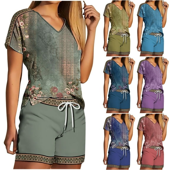 Fashion 2 Piece Sets for Women Summer Plus Size V-Neck Shorts Sleeve Two-piece Comfortable Home Pajamas Set Sports Set