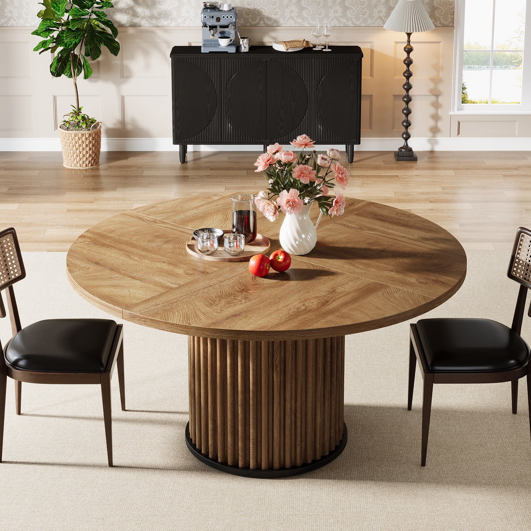 Tribesigns Wood Round Dining Table for 4-6 People, 47.24-Inch Circle Wood Kitchen Table with Sturdy Fluted Metal Base, Modern Dining Room Furniture