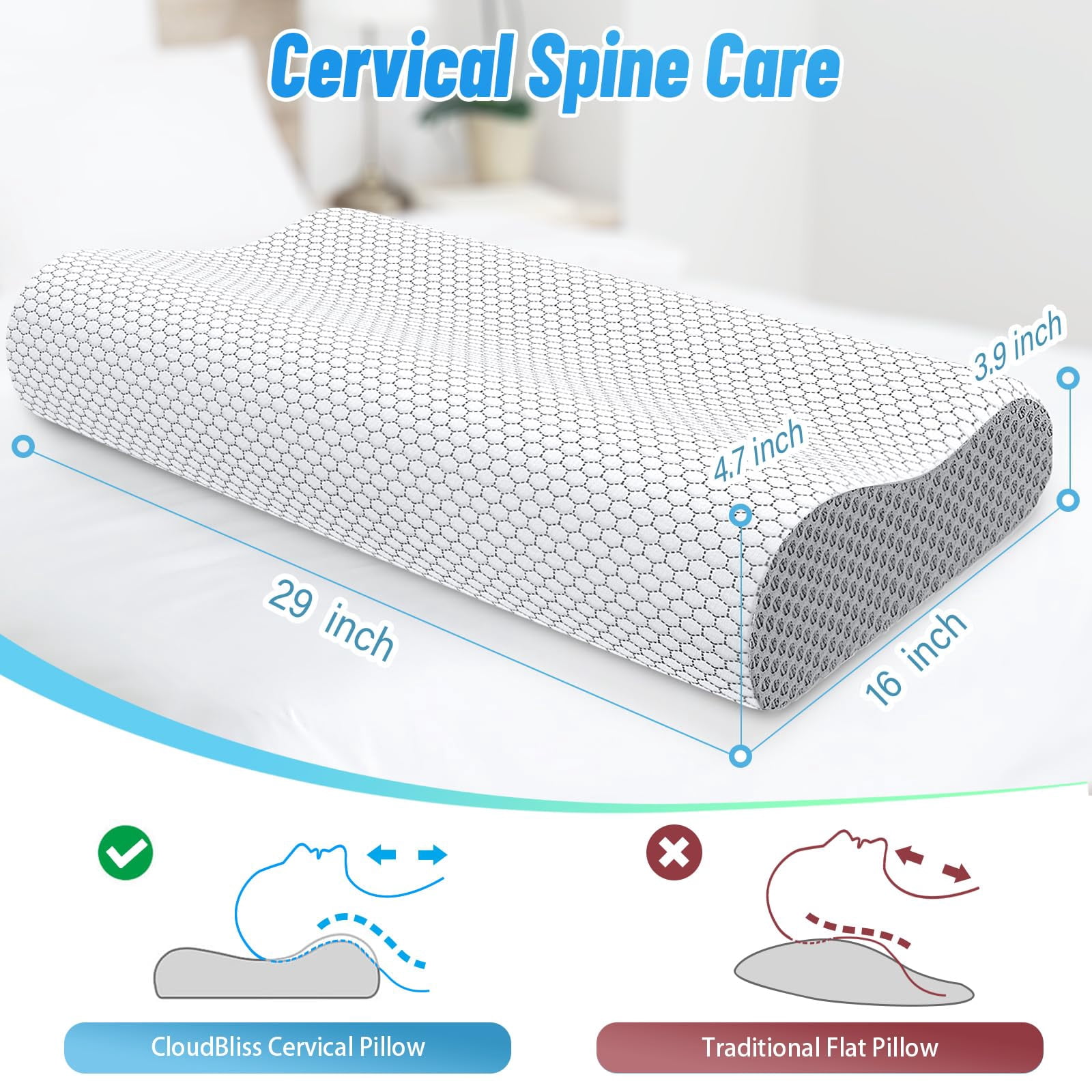 TESFLY Cervical Neck Pillow for Pain Relief, Contour Memory Foam Pillows for Sleeping, Odorless Ergonomic Pillow Adjustable Orthopedic Cooling Pillow Bed Pillow