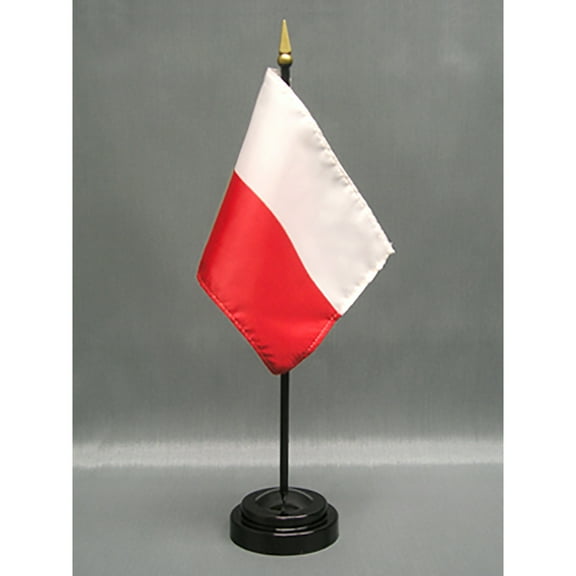 Made in The USA. 2 Poland Rayon 4"x6" Miniature Office Desk & Little Hand Waving Table Flags Includes 2 Flag Stands & 2 Small Mini Polish Stick Flags, Also Includes Poland Flag Lapel Pin.