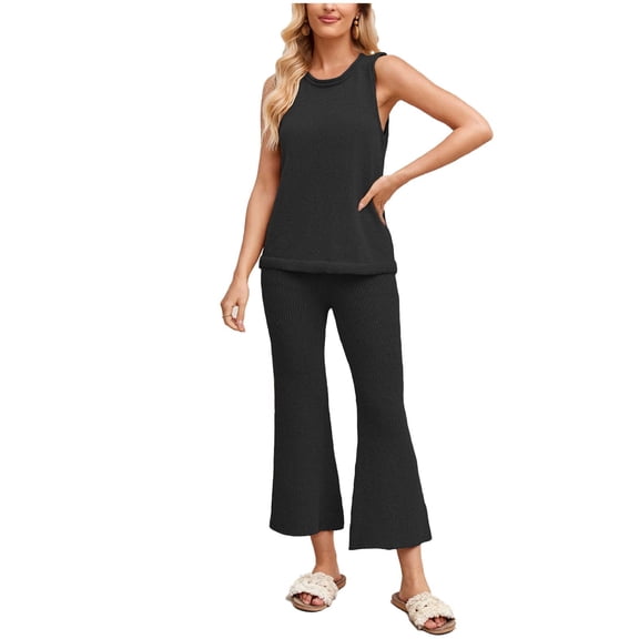 WMTBSRSW Womens 2 Piece Knit Outfits Comfy Summer Loungewear Sets Crewneck Tank Tops and HIgh Waisted Flare Capris Trousers Black Large