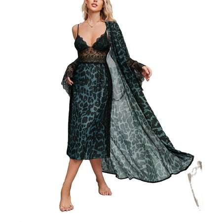 

2pcs Set Sexy Leopard Print Cami Dress Sets Long Sleeve Teal Blue Women s Pajama Sets (Women s)