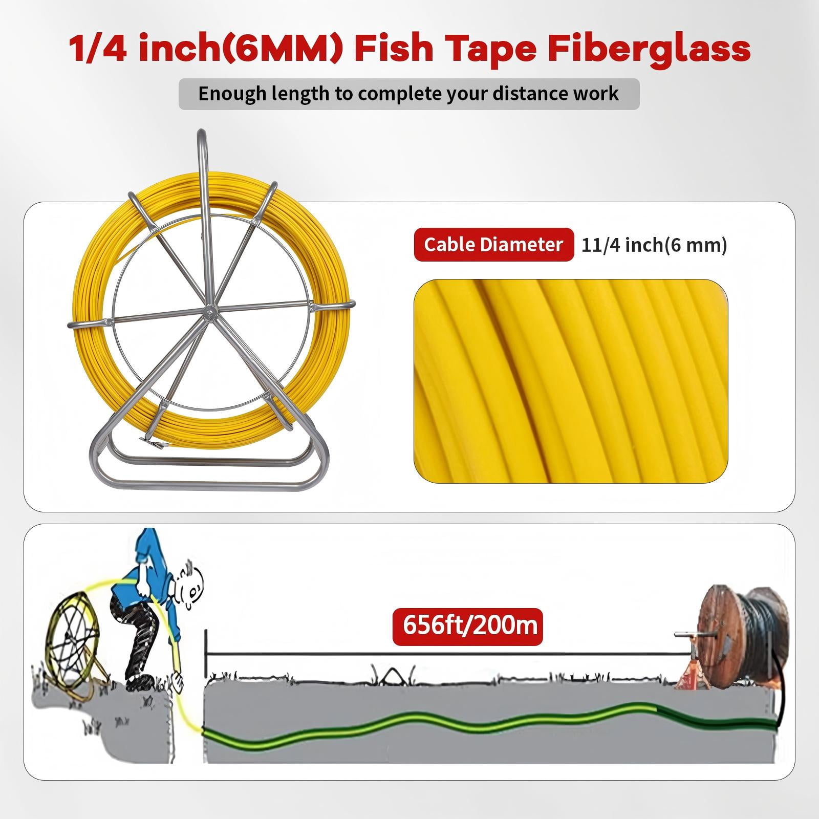 656FT Fiberglass Fish Tape 1/4 inch(6MM), High Strength Flexible Wire Puller, Non-Conductive Electrical Fish Tape for Wall/Conduit Cable Running Installation
