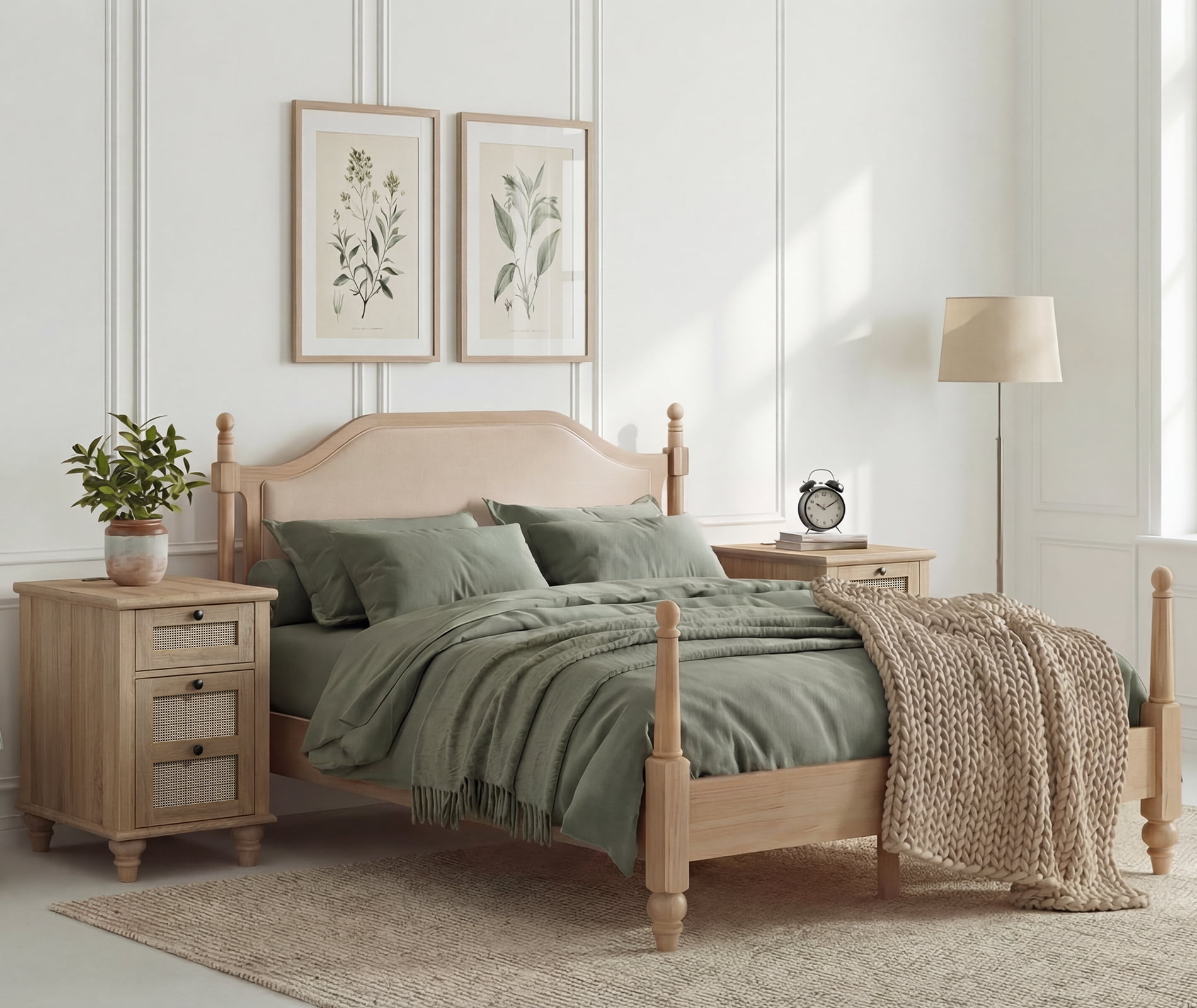 3 Piece Bedroom Furniture Set, Queen Bed Frame & 2 Rattan Nightstands, Charging Station, Drawer & Storage Cabinet, Oak