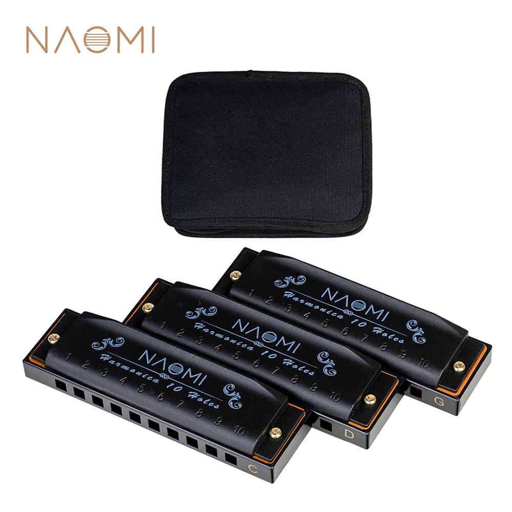 NAOMI 3pcs Hoodoo Blues Harmonicas C, D, G Key Harmonica Set 10 Holes with Zippered Carrying