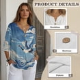 thumbnail image 6 of Xoenoiee Grus Japonensis Cloud Sea Waves Print Women's 3/4 Sleeve Cotton Linen Shirts Casual Button Down V Neck Pullover Spring Casual Loose Fit Tunic Tops Work Blouses, 4XL, 6 of 7