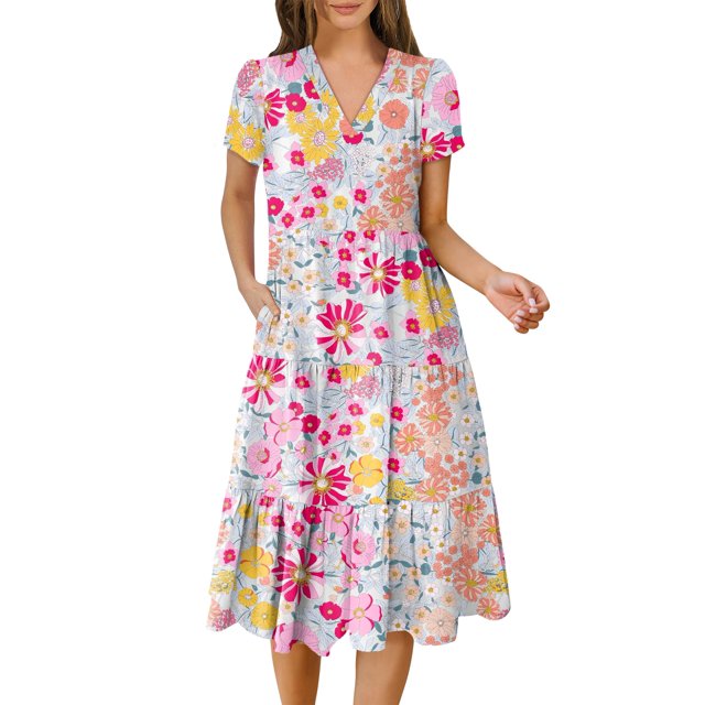 Vestido ANRABESS de verano casual de manga corta con cuello en V para mujer
