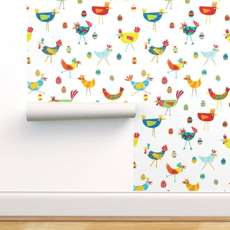 Removable Water-Activated Wallpaper Chicken Hens Quirky Birds Rooster Eggs Happy