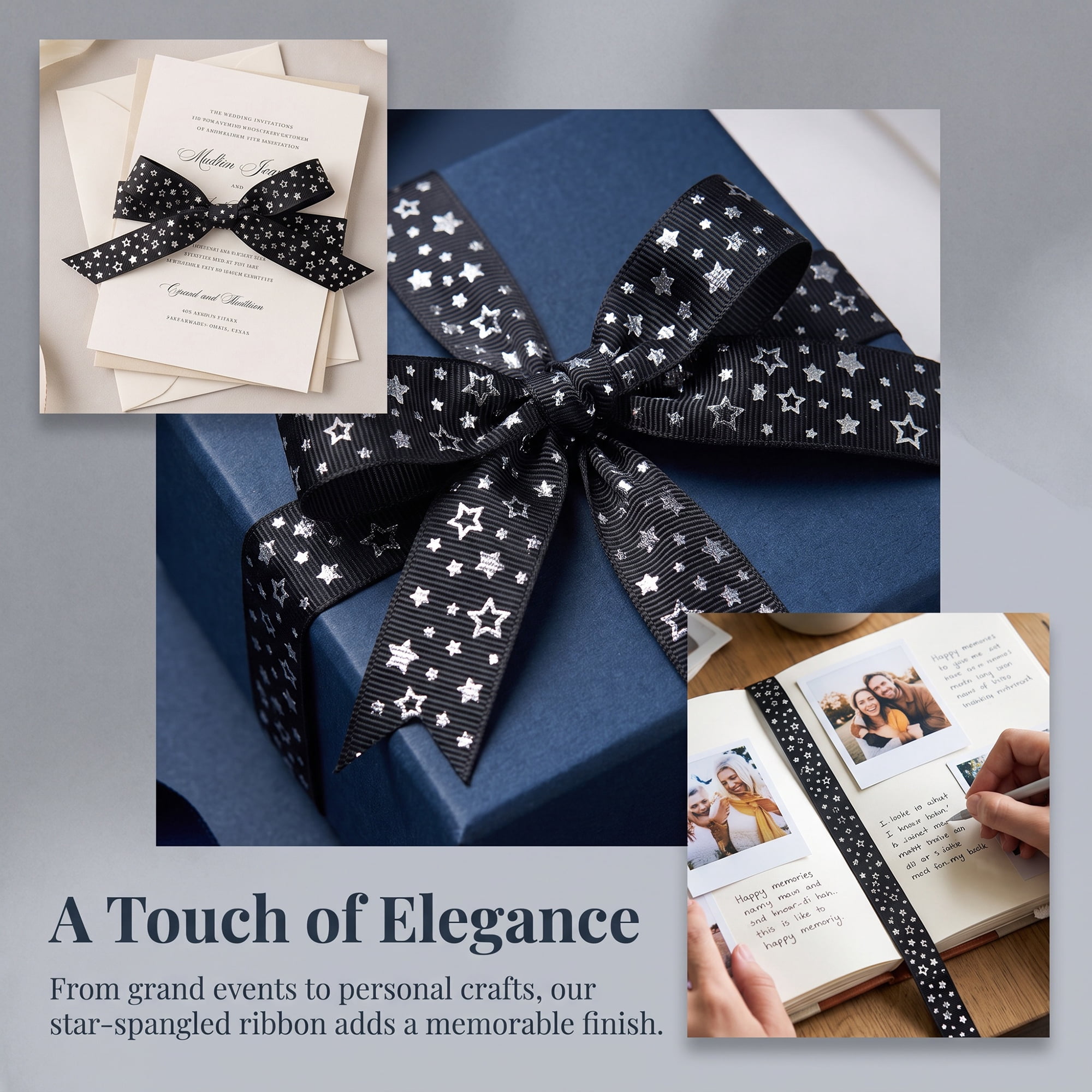Unique Bargains Elegant Star Pattern Fabric Ribbon for Creative Presentations Black Star