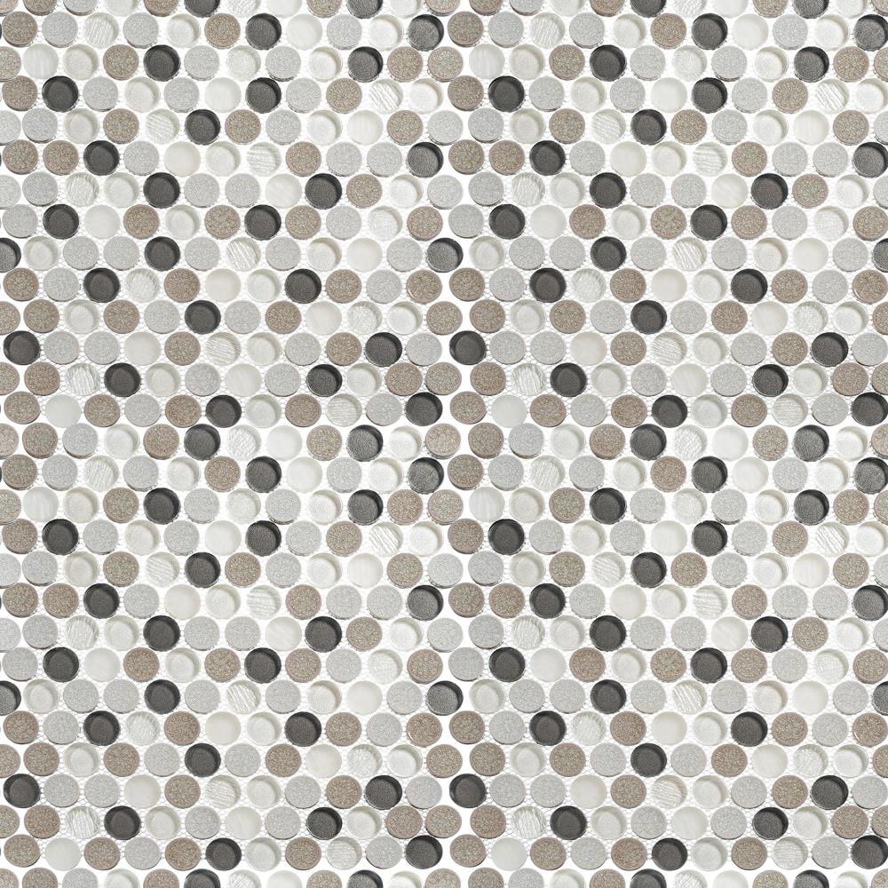 Polka Pixel Gray 1-in. Vintage Penny Round Glass, Ceramic & Natural Stone Mosaic Wall and Floor Tile