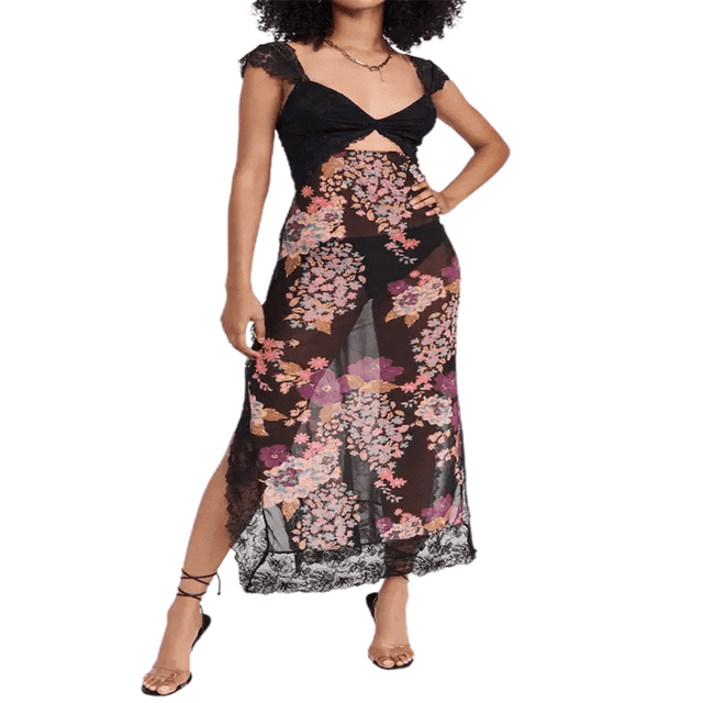 Robe Longue Moulante Sans Manches à Découpes à Col en V en Dentelle à Imprimé Floral pour Femmes, Dos Nu, Robe de Cocktail pour Fête
