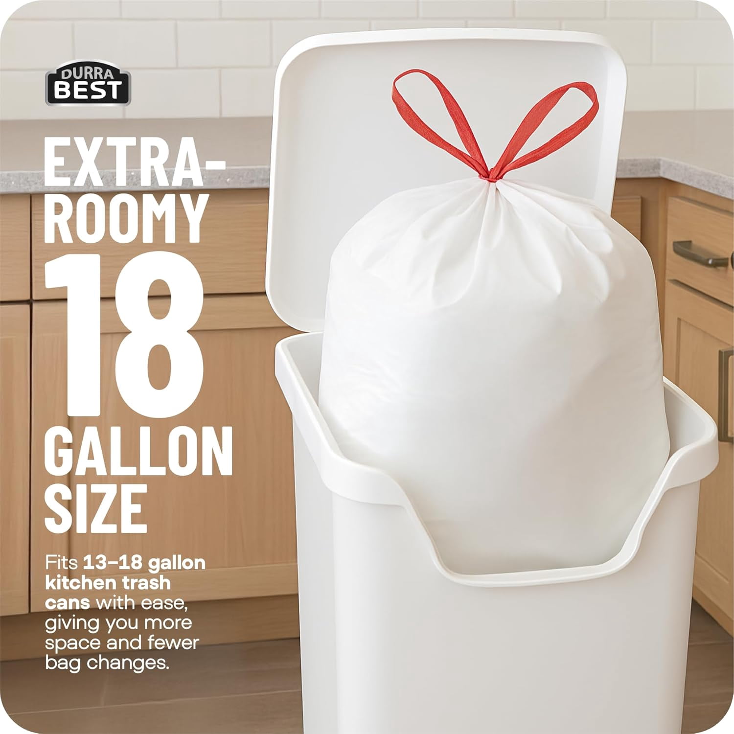 DURRA BEST Heavy-Duty Trash Bags – 120 count, 18 Gallon White, Ultra Thick Drawstring Garbage Bags – Leak-Resistant for Home & Commercial Use, Big Trash Bags, Made in USA