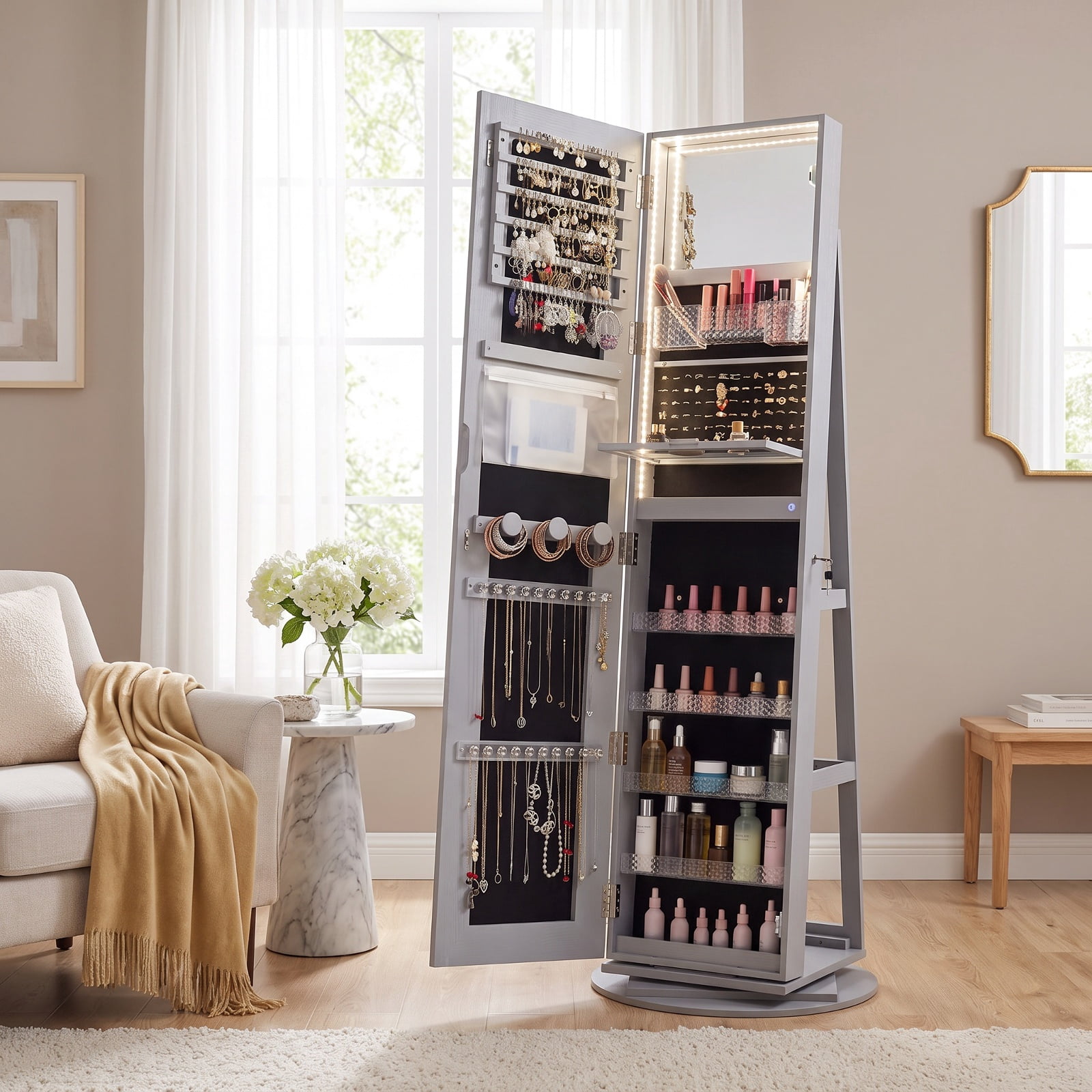 Furnibear Standing Jewelry Cabinet with Adjustable LED Lights for Bedroom Dressing Room Jewelry Necklace Rings Storage Mirror, Gray