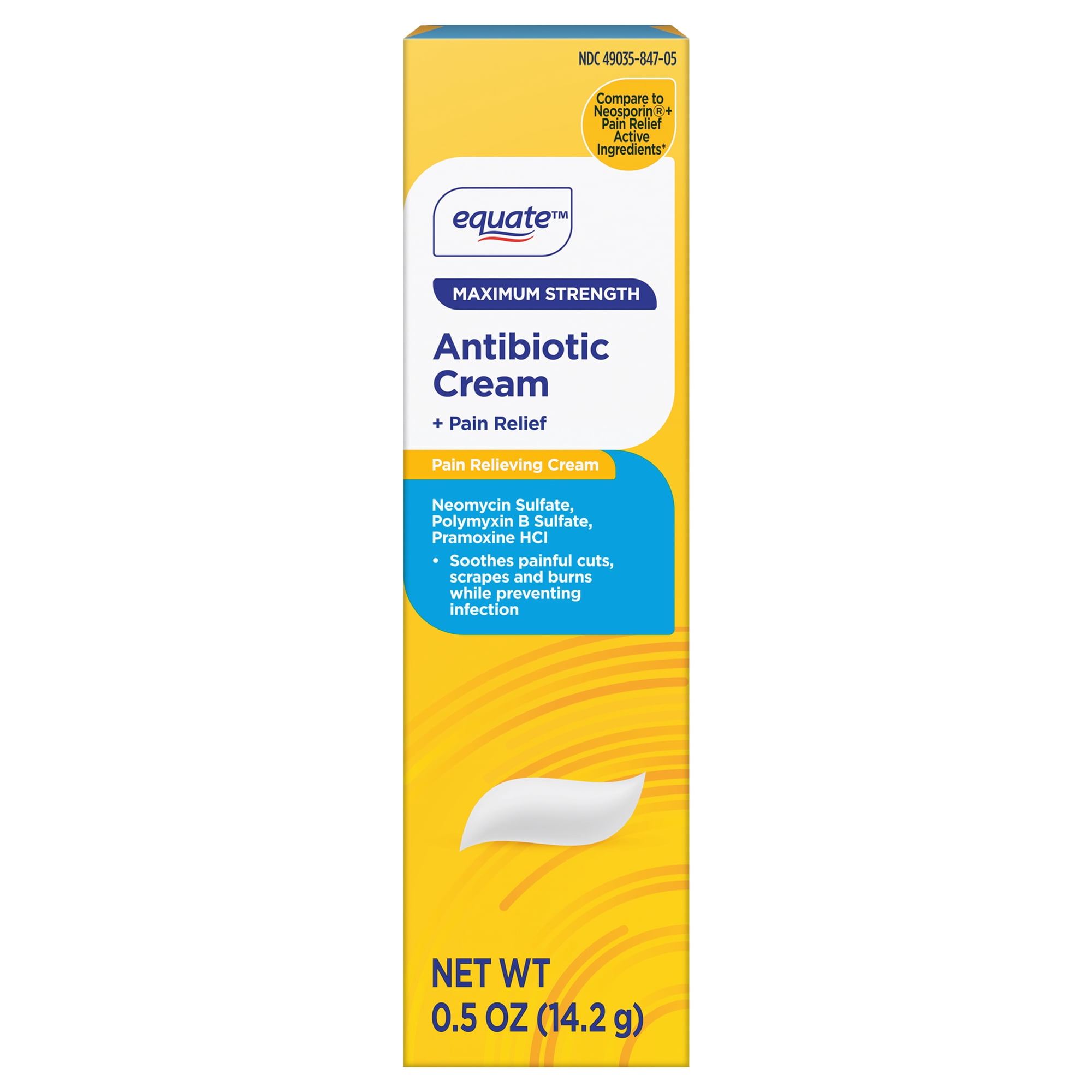 Equate Maximum Strength Antibiotic First Aid Cream + Pain Relief, Compare to Neosporin® + Pain Relief Active Ingredients, 0.5 oz