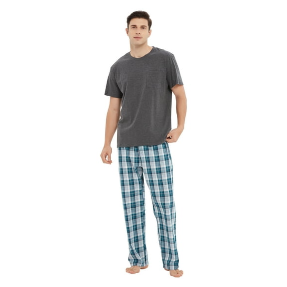 Men Cotton Pajama For Men Lightweight Plaid Soft Nightwear Short Sleeves PJS With Pockets