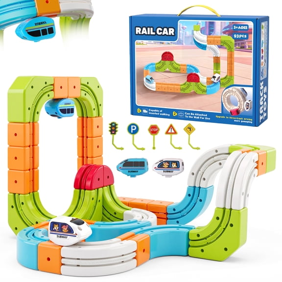 Carsky 93PCS City Rail Car Track Set with Electric Rail Cars, DIY Magnetic Track Pieces, Loop Track, Wall Track Option, Traffic Signs and Indoor Activity Gift Set for Kids 3 plus